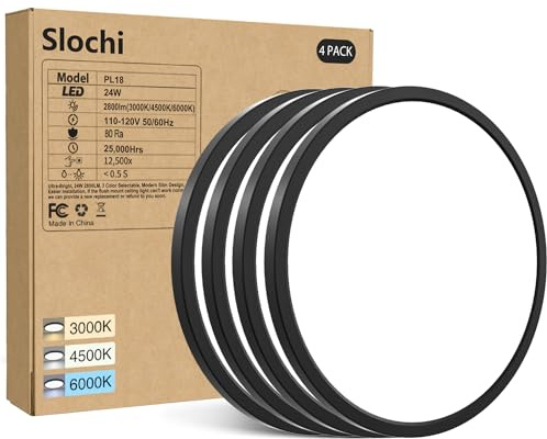 slochi 4PACK LED Flush Mount Ceiling Light Fixture Black, 9Inch 24Watt, 5000K Daylight Light, Ultra Slim Flush Mount Ceiling Lamp for Living Room, Dining Room, Hallway,NOT-DIMMABLE