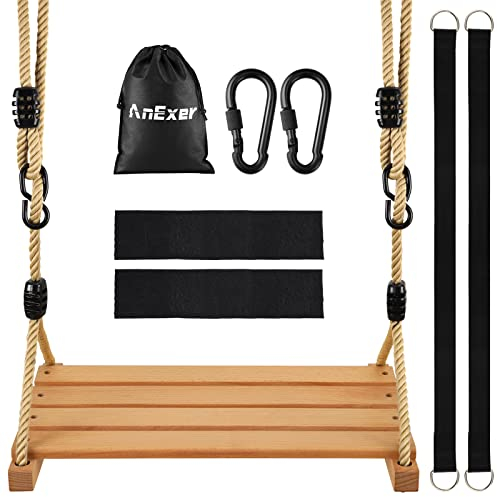 AnExer Holz Schaukel, Holzschaukel Outdoor für Kinder und Erwachsene Einstellbares Holzschaukel, Holz Schaukelsitz Garten Schaukel für Innen Außenbereich bis 100kg/220lbs