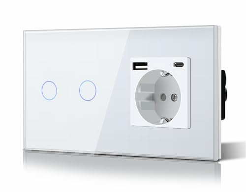 BSEED Touch Lichtschalter mit Steckdose USB C aus Glas, Modern Steckdosen Unterputz, Wandschalter mit LED Hinterlicht (Kein Neutralleiter erforderlich), Kein WLAN, 157mm 2 Fach 1 Weg Weiß