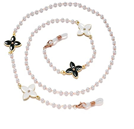 DNLKWGO Brillenkette mit Kunstperlen, verziert mit vierblättrigen Blumen, Brillenhalter für Damen, rose gold, Einheitsgröße