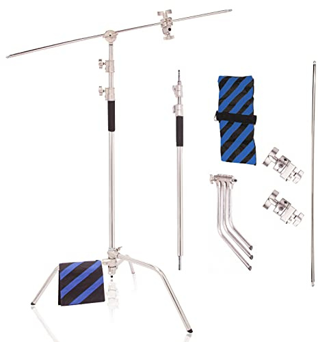 BOLLUMA Heavy Duty Lichtstativ C Ständer vielseitig mit 127cm Haltearm Boom Arm Griffkopf Sandsack, höhenverstellbar von 150cm bis 300cm, für Studio, Video, Reflektor, Monolight, Softbox, Studioblitz