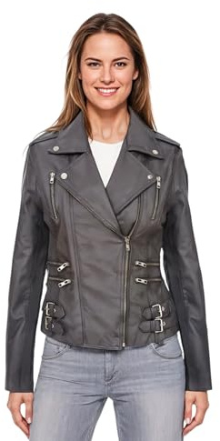 Infinity Leather Giacca da Motociclista in Pelle da Donna, Grigia, in Vera Nappa di Agnello, Stile Vintage, con Fibbia Gotica