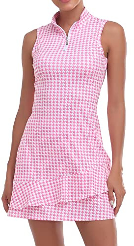 Viracy Ärmelloses Tenniskleid mit Shorts und Rüschentaschen, Golfkleid mit Reißverschluss, Stehkragen | Doppelter Rüschensaum, ärmellos, Stehkragen mit Reißverschluss, mit Taschen, Sonnenschutz, schnell trocknend, Outdoor-Wandern