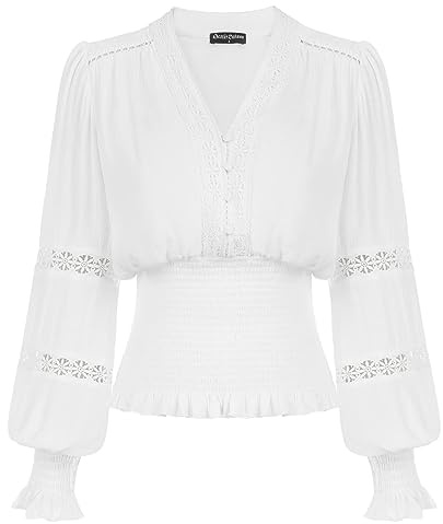 Womens Renaissance Victorian Blouse Balloon Sleeves Boho Peasant Corset Tops White Small