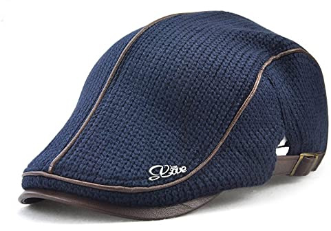 tcax Schiebermütze Herren Herbst-Winter-Häkelmütze Mit Schnalle Entenschnabelmützen Für Herren, Baskenmütze, Damen, Militär, Visiere, Verdicken, Wärmer, Strickmütze, Marineblau, 56-60 cm
