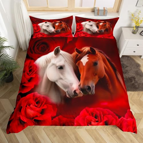 Brown White Horse Comforter Cover Full,3D Farm Animal Western Bedding Set for Girls Boys,Southwestern Wildlife Duvet Cover,Black and Red Rose Romance Flower Quilt Cover Nature Safari Themed Decor