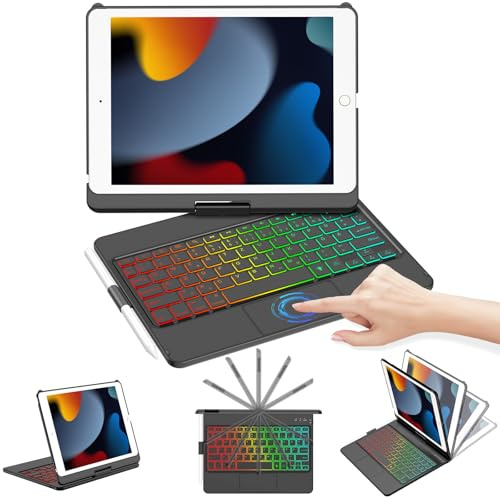 CC Store Hülle mit Tastatur für iPad 10.2 Zoll (iPad 9/8/ 7 Generation), 360° Drehbar Cover Hartschalen-Schutzhülle mit Touchpad, 7 7 Farben Beleuchtete Tastatur, Auto Sleep/Wake, QWERTZ Layout