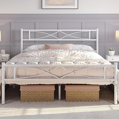 Yaheetech Cadre de Lit 140x200 cm avec Sommier, Lits en Métal Double pour Adultes 2 Personnes Deux Places, Sommier à Lattes et Tête de Lits, 32cm Espace de Rangement, Assemblage Simple, Blanc