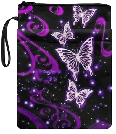 NETILGEN Lila Glitzer Schmetterling Buchhüllen für Taschenbuch Reißverschluss Buchhüllen Wiederverwendbare Buch Schutzhülle Buch Sox Lehrbuch Jacken Waschbare Tasche