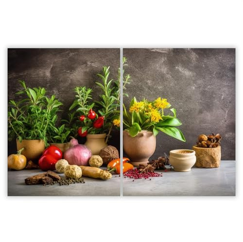 SMTDeco Herdabdeckplatte 2×40×52 cm – Mehr Arbeitsfläche, Spritzschutz & Schneidebrett – ESG Glas, kratzfest – für Induktion/Ceranfeld – 2-teilig, Motiv Gemüse Kräuter Grün