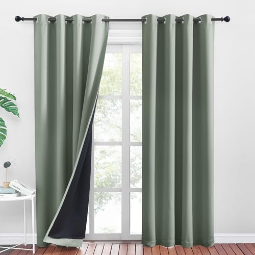 PONY DANCE Ösenvorhang Blickdicht für Schlafzimmer Doppellagige Verdunklungsvorhänge Salbeigrün 2er Set H 245 x B 140 cm Thermal Curtains for Winter Thermovorhang Kälteschutz