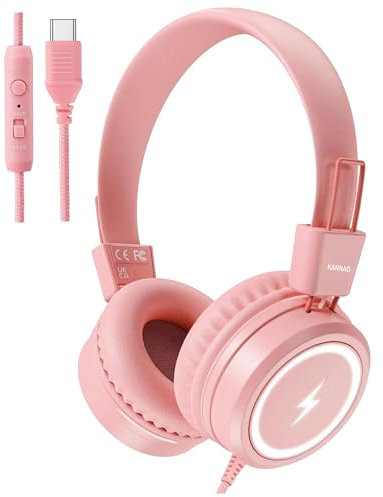 KONNAO Casque Audio Enfants Scolaires, USB de Type C avec Lumières LED, Casque câblé Garçon Fille avec Limiteur de Sécurité 85dB/94dB, Casque Pliable avec Microphones pour école/iPad, Rose