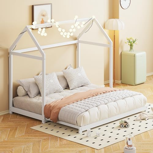 Zravenna Kinderbett 90x200 Bodentief Ausziehbar mit Gästebett Ohne Rausfallschutz, Ausziehbett gleiche höhe, Einzelbetten zum Doppelbett (Weiß)