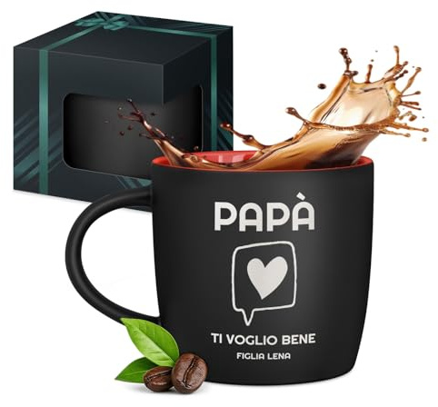 Maverton Tazza da caffè macchiato o tè in ceramica, 400 ml, Incisione | Personalizzata, Tazze con manico per bevande per Lui, Bicchiere da colazione per compleanno uomo, Interno rosso, papà