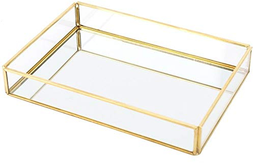 Goldenes Spiegeltablett, Aufbewahrungsbox aus Metall und Glas im Vintage-Stil, goldenes Tablett, Schmuck- und Kosmetik-Displayboxen, Schmucktablett aus Glas, Schmuck-Organizer-Tablett, Kosmetiktablet