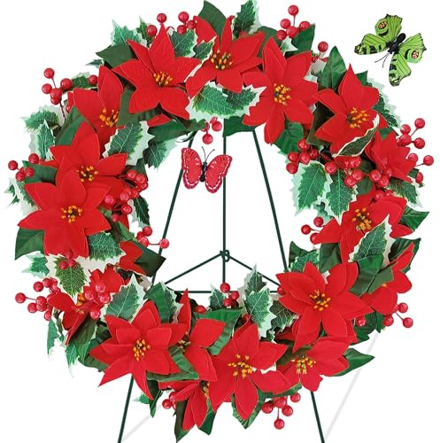 AILVEMEE 24 Cemetery Christmas Wreaths for Graves,Grave Wreath Decorations for Cemetery Christmas,Outdoor Headstone Wreaths with 30 Easel Stand:Red Poinsettia,Mini Red Berries