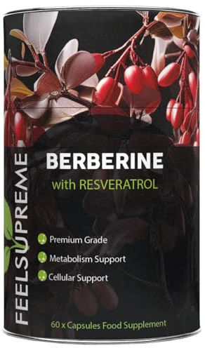 Feel Supreme - Berberine with Resveratrol Supplement - High Potency Food Supplements for Blood Sugar - Cholesterol and Immune Support, Berberine Supplement, Resveratrol Supplements - 60 Capsules