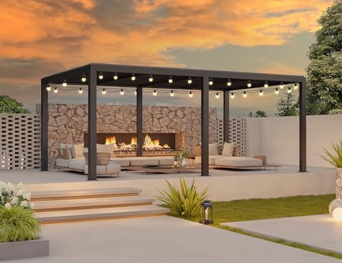 PURPLE LEAF Pergola Bioclimatique 7,39 x 3,68 m Aluminium avec LED, Gris | Ambiance chaleureuse, Ombrage généreux, Installation rapide, Pergola jardin extérieur, Drainage efficace, Poteaux 11 × 11 cm