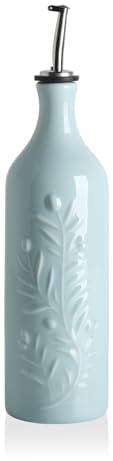 Sweejar Large Olive Oil Dispenser Bottle with Spout, 24 Oz Ceramic Oil Dispenser for Kitchen, Relief Opaque Cruet, Container for Cooking, EVOO, Vinegar, Pack of 1 (Light Blue)