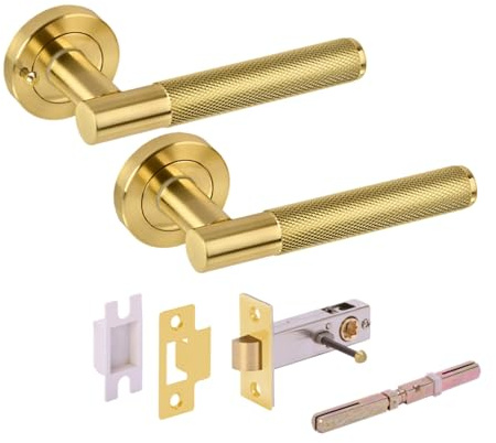 Hunta HANDLEZONE® Evo Knurled Grip Privacy Lever On Round Rose Door Handles, with Privacy Latch, for Bathroom, Toilet, WC Doors, 1 Set - Brushed Brass