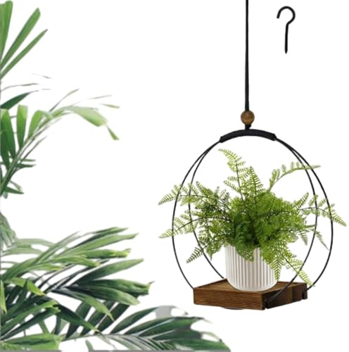 ARCHWANG Blumenampel Hängend Innen - Metall Blumenampel Schwarz, Hängeampel Mit Holzsockel, Decke Hängende Pflanzer, Hängetopf Für Pflanzen Für Zimmerpflanzen Sukkulenten Luftpflanzen Kaktus