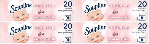 SOUPLINE - Voiles Sèche-Linge Adoucissants Douceur & Soin - Parfument agréablement le Linge - 20 Lingettes à Disposer dans le Sèche-Linge (Lot de 4)