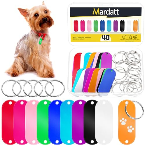 Mardatt 40Pcs(20 Set) Aluminum Blank Tags with Key Ring Kit, 10 Colors Stamping Blanks with 2 Holes Engraving Blank Discs Dog Tag Pet Tags for DIY Decorative Craft, 50.7 x 19 x 1mm