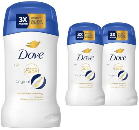 Dove Advanced Care Anti-Perspirant Cream Original, Pack of 3, Women's Deodorant Stick with Pro-Ceramide Technology for 72 Hours Protection Against Sweat, 50 ml