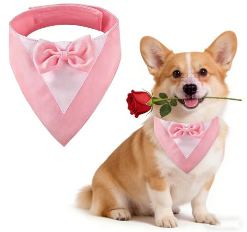 Hundsmoking med fluga, hundhalsband med bröllopsbandana för medelstora hundar, hundkostym för bröllop, förlovningar och födelsedagar (hals: 35-45 cm, rosa)