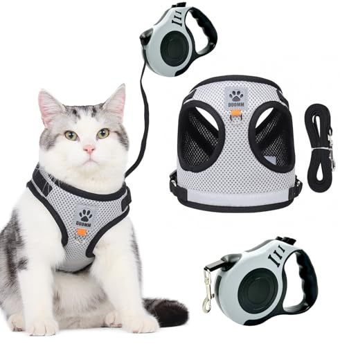MOTIBACK Katzengeschirr mit Katzenleine, Ausbruchssicheres Kitten-Geschirr mit Automatisch Ausziehbarer Leine, Perfekt für Hunde, Welpen und Haustiere beim Spazierengehen. (S)
