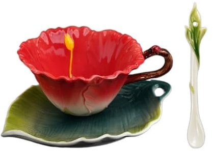 RYUQW3RE Taza de café, Taza Pastoral Creativa Pintada a Mano, Taza de cerámica de Color esmaltado, Taza de café en Forma de Flor con Plato y Cuchara
