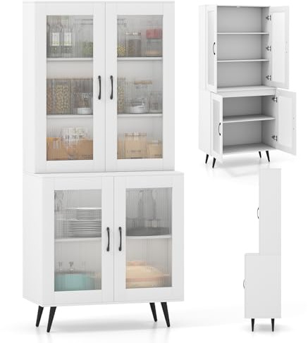 KOMFOTTEU Credenza Alta da Cucina con 4 Ante Trasparente, Armadio a Buffet a 5 Livelli con Ripiani Regolabili, Mobile Dispensa, per Sala da Pranzo, Soggiorno, Bagno, 80 x 40 x 178,5 cm (Bianco)