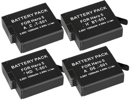1250mAh Rechargeable Battery Black Battery - Compatible With AHDBT 501 - Compatible With GoPro Hero 5 Hero 6 Hero 7(4PCS)