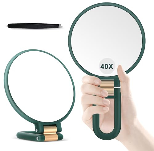 MIYADIVA Miroir Grossissant 40X, Miroir de Maquillage Main, Double Face avec Grossissement 40X/1X, Essentiel de Voyage, Portable et Pliable pour Bureau et Salle de Bain, Cadeau pour Femme, Vert