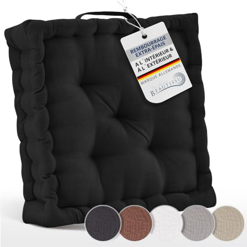 Beautissu Bodenkissen Sitzkissen Dickes Matratzenkissen mit Tragegriff | 50x50cm 10cm 100% Baumwolle Stuhlkissen Indoor Outdoor extra dicke Sitzauflagen Schwarz Boden groß Mila