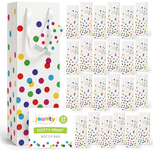 Jaunty 24pk Dotty Print Bottle Bags for Wine Gift Bag – Reusable Paper Carrier for Champagne & Spirits, Colourful Party Favour with Handles for Birthday, Wedding, Celebration, Holiday Gifts Multipack