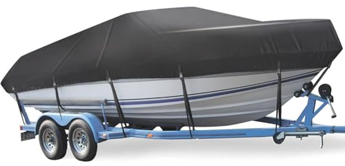Bootsplane Wasserdicht 420D Oxford-Stoff Allwetter-Abdeckung für 14-16ft V-Rumpf Boote, mit Verstärkten, Gurten gegen Wind， UV- und Reifenschutz Abdeckplanen für Boote (4.3-4.9m)