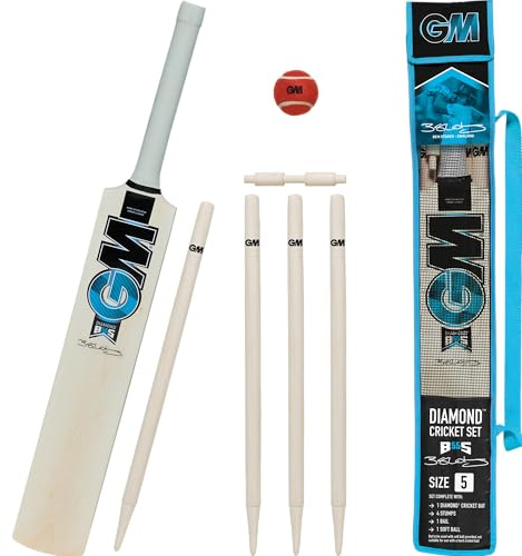 GM | Ben Stokes Diamond Endorsed Wooden Cricket Set | 1 x mazza diamantata, 1 x palla da tennis rossa morbida, 4 paletti e 1 cauzione | Borsa per il trasporto | Misura 5 adatto per giocatori 150-157