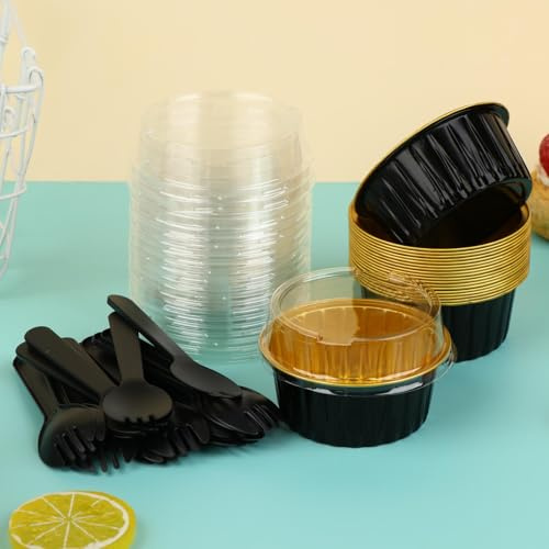 Mini Aluminum Foil Cupcake Baking Cups With Lids (20pcs) Round Cupcake Foil Liners Tart Pie Tin Pan Holder - Disposable Mini Cake Containers Flan Molds For Pudding, Souffle, Party, Wedding