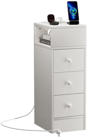 Mesita de Noche Estrecha con 3 cajones y estación de Carga, cómoda para Dormitorio, Color Blanco, 70 cm de Altura, como Armario nicho, Mesa Auxiliar o Armario pequeño para Espacios pequeños