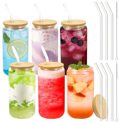 Bicchieri con cannuccia in vetro da 500 ml, 6 pezzi, con coperchio Ideali per tè, bevande, succhi, caffè freddo, latte macchiato, frullati, cocktail e whisky