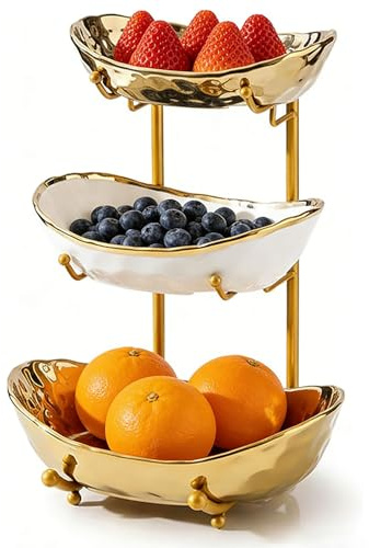 LUPATDY Frutero de 3 Niveles de Cerámica con Soporte de Metal, Fruteros de Cocina Extraíbles, Organizador de Cocina para Frutas, Verduras, Aperitivos y Postres,para Cocina y Salón (Multicolore)