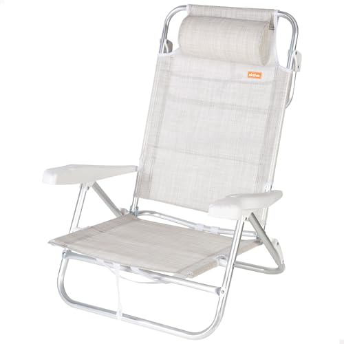 AKTIVE Silla de Playa Plegable, Beige, Multiposición 8 Posiciones, Textileno y Aluminio, 47x49x82 cm, Soporta 110 kg, con Asa de Transporte