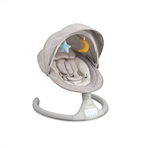 Kidnort Svaie Babywippe elektrisch Babyschaukel bis 9 kg mit Fernbedienung Bluetooth 5 Schaukelstufen Batterie oder Stromanschluss 5 Punkt Gurt Sonnenverdeck Moskitonetz Grau