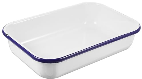 ADOCARN Multifunctional Enamel Baking Tray with Easy to Clean Surface, White Oblong Roasting Pan for Shops and Restaurants, Sturdy Kitchen Food Cooking Tray with Rack