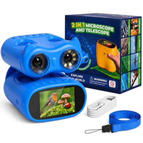 OAEBLLE Microscopio Bambini 2 in 1 per Bambini e Binocolo, HD IPS da 2,0, 1000x, 8 LED, 1080P, Microscopi Adatti a Bambini e Bambine dai 3 Anni in Su, Blu Reale