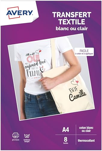 Avery Transferts personnalisables pour textile Blancs ou Clairs A4 8 feuilles impression jet encre pour créer des motifs sur tissus clairs vêtements accessoires avec application au fer à repasser