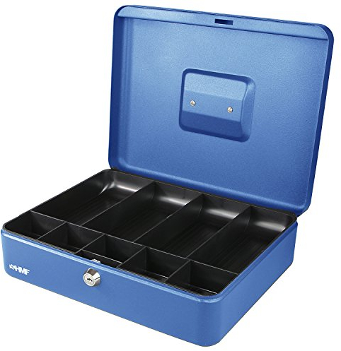 HMF Caisse à monnaie verrouillable, Boîte à argent avec 5 compartiments à pièces et 4 compartiments à billets, 30 x 24 x 9 cm | Bleu