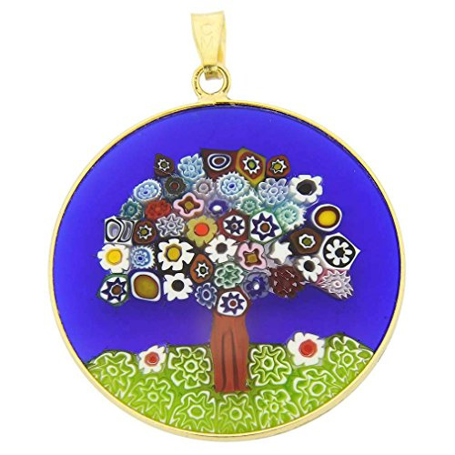 GlassOfVenice Ciondolo in Vetro di Murano Millefiori per Donna Albero della Vita Rotondo Multicolore su Blu 32 mm, Cornice e cauzione in Argento Sterling Placcato Oro .925