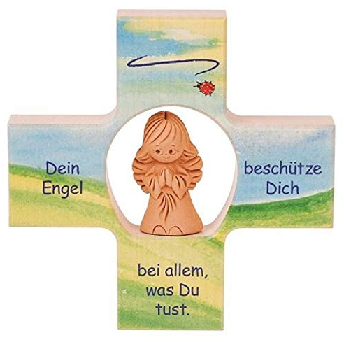 Fritz Cox® - Dein Engel beschütze Dich' - Kinder-Holz-Kreuz mit Engel (Namens-Engel) - 12cm x12 cm (Tonengel)